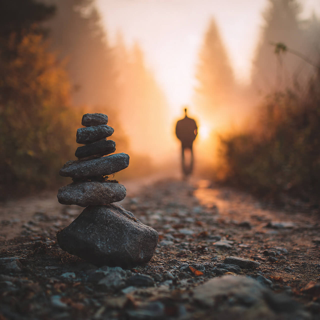 Stacked balancing stones on forest path with person walking into misty golden sunrise stoic habits for beginners