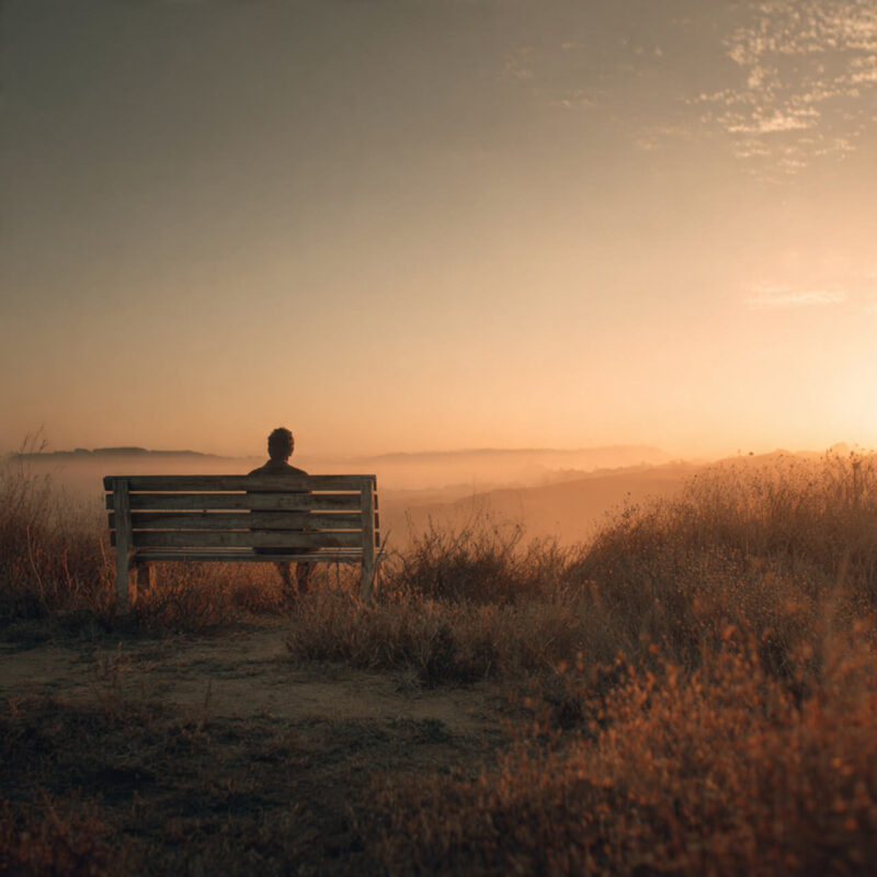 Person sitting alone on a bench at sunset practising Stoic mindfulness exercises