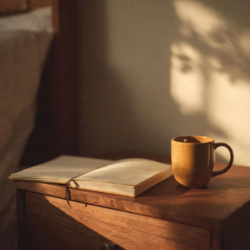 Open journal and coffee cup on wooden bedside table in warm morning light – simple stoic morning habit