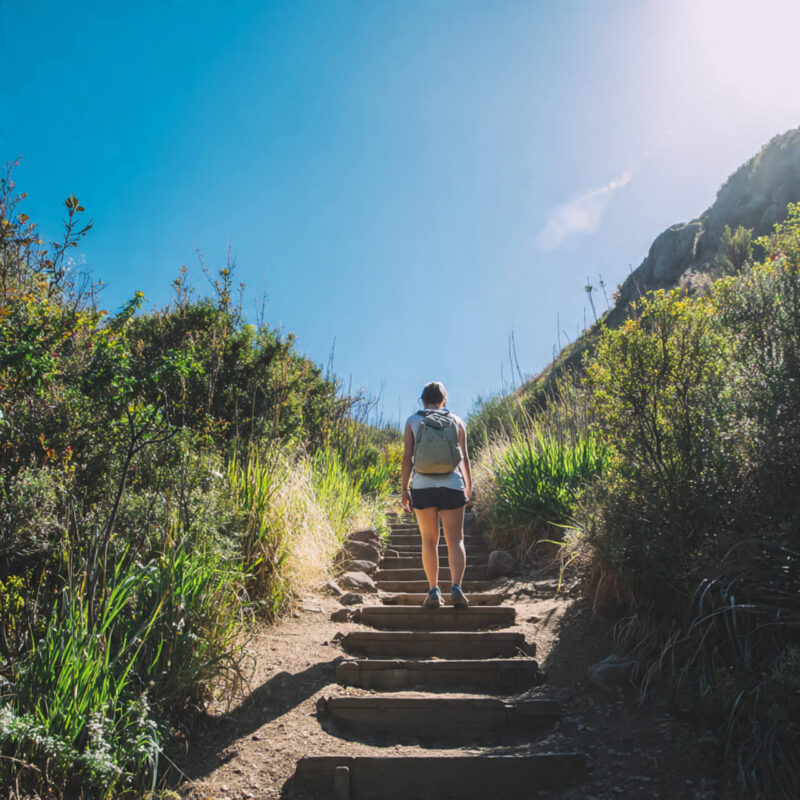 Person facing upward climb on mountain trail steps Stoic philosophy obstacle is the way