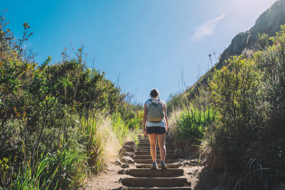 Person facing upward climb on mountain trail steps Stoic philosophy obstacle is the way