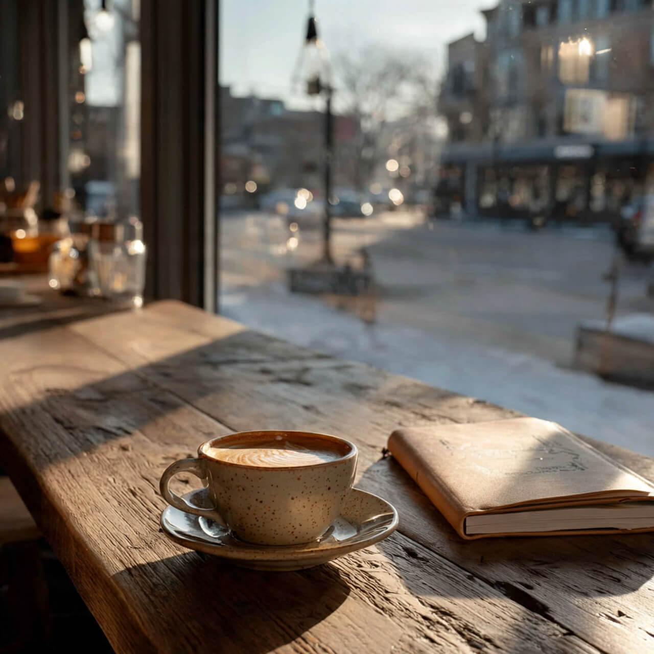 Coffee and journal on wooden café table by window - peaceful setting for strategic pause and personal reflection