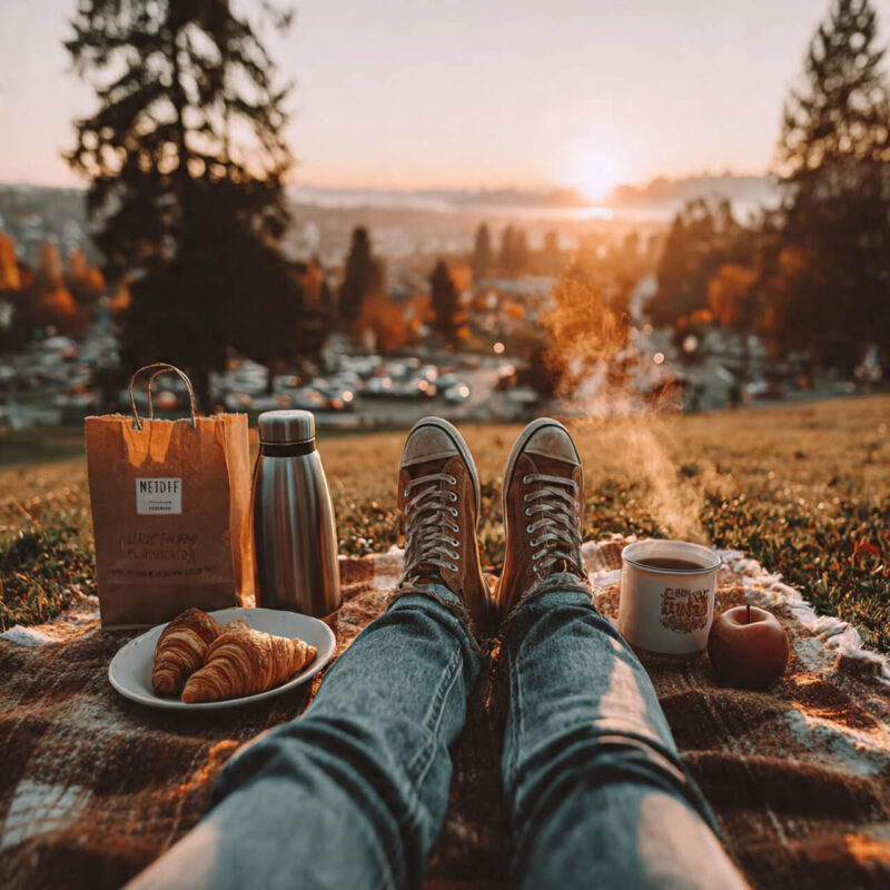 First-person view of legs stretched out on a picnic blanket with croissants, coffee, and a warm sunset — symbolising everyday micro-adventures, gratitude, and simple joy and how to feel alive again