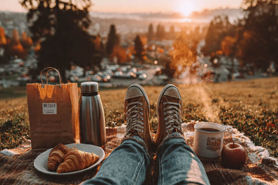 First-person view of legs stretched out on a picnic blanket with croissants, coffee, and a warm sunset — symbolising everyday micro-adventures, gratitude, and simple joy.