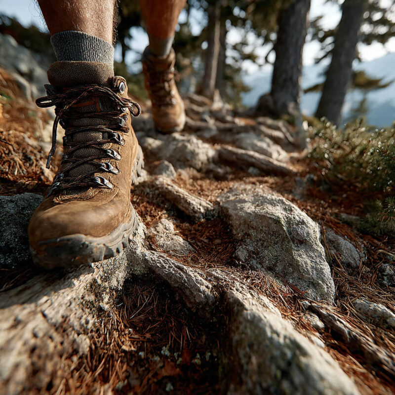 Close-up of hiking boots mid-step on rugged forest trail representing action overcoming limiting beliefs and identity change