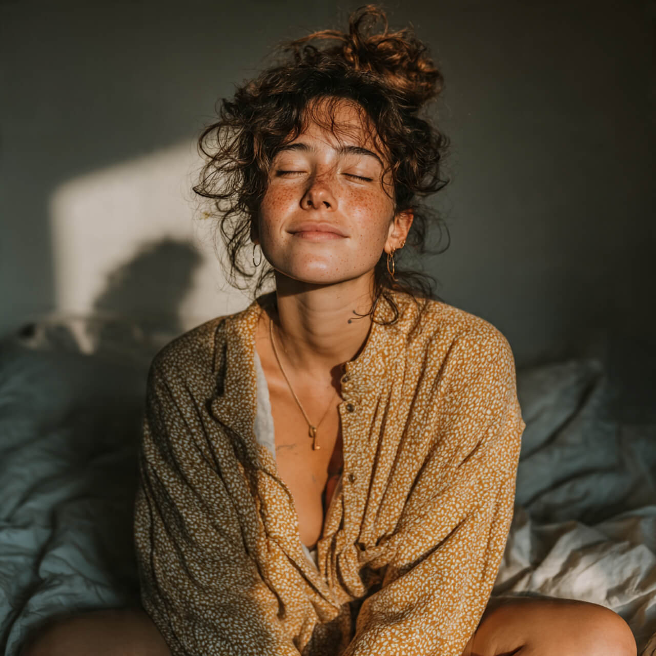 Person sitting in contemplative morning light representing vulnerability and taking off emotional armor while waking up from autopilot living