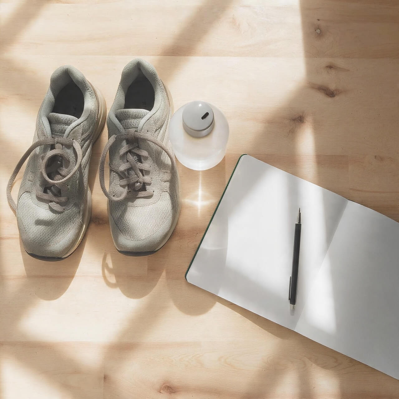 Walking shoes, earbuds, water bottle and journal on wooden floor showing beginner walking habit starter essentials