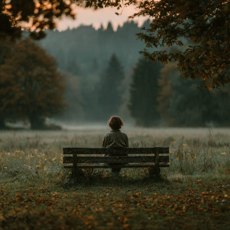 Woman sitting alone on park bench in misty field practicing strategic pause for personal growth and mental clarity