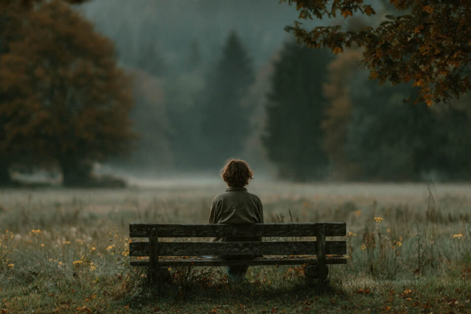 Woman sitting alone on park bench in misty field practicing strategic pause for personal growth and mental clarity