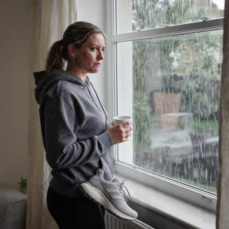 Woman in workout clothes holding trainers and coffee, looking at heavy rain through window, hesitating about winter walking habit