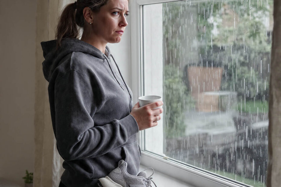 Woman in workout clothes holding trainers and coffee, looking at heavy rain through window, hesitating about winter walking habit