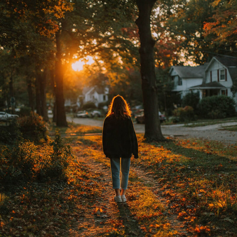 Woman walking on leaf-covered path during golden hour autumn morning for mental health and stress reduction