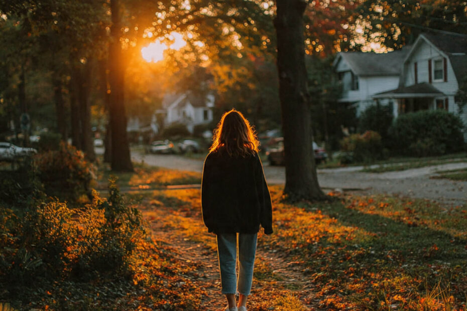 Woman walking on leaf-covered path during golden hour autumn morning for mental health and stress reduction