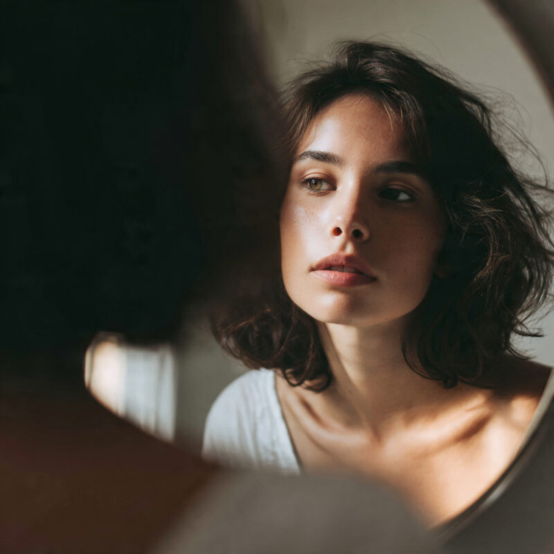 Woman looking in mirror with uncertain expression why you still feel the same after weight loss