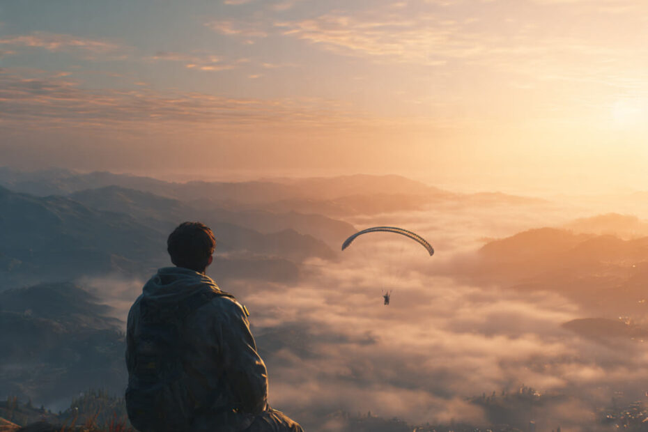 Person watching paraglider at sunset representing burnout prevention and building safety systems before crisis