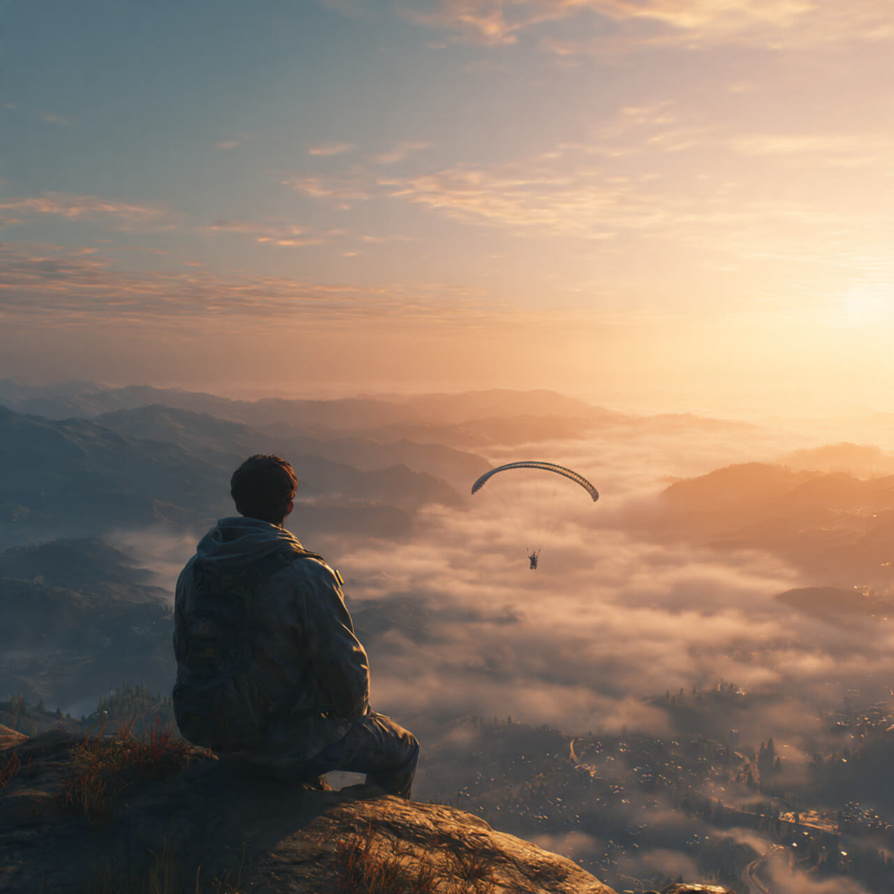 Person watching paraglider at sunset representing burnout prevention and building safety systems before crisis