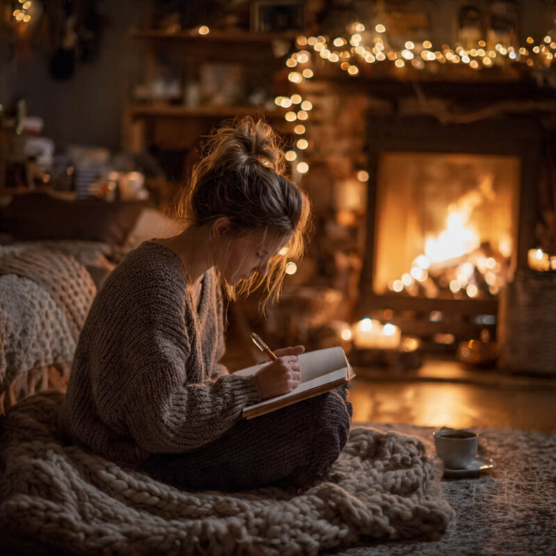 Woman journaling by a cosy fireplace with Christmas fairy lights Christmas journaling prompts for reflection