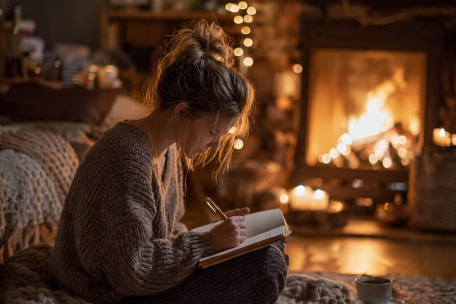 Woman journaling by a cosy fireplace with Christmas fairy lights Christmas journaling prompts for reflection