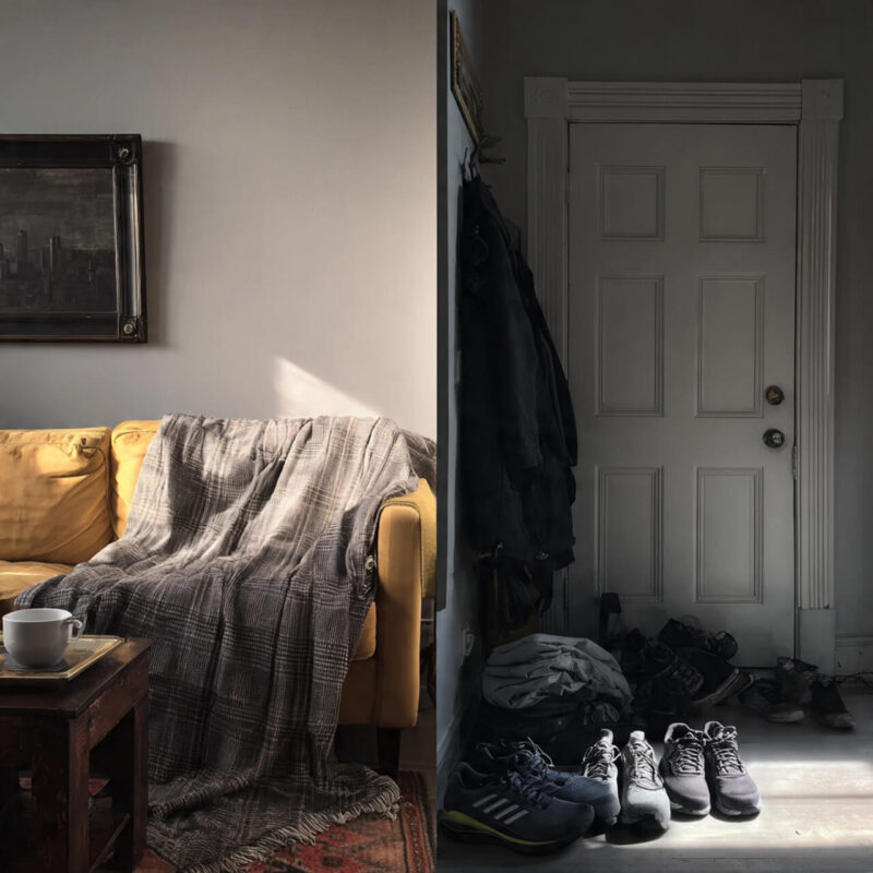 Cozy sofa with blanket and trainers by door showing comfort zone versus taking action - old identity wiring versus genuine need