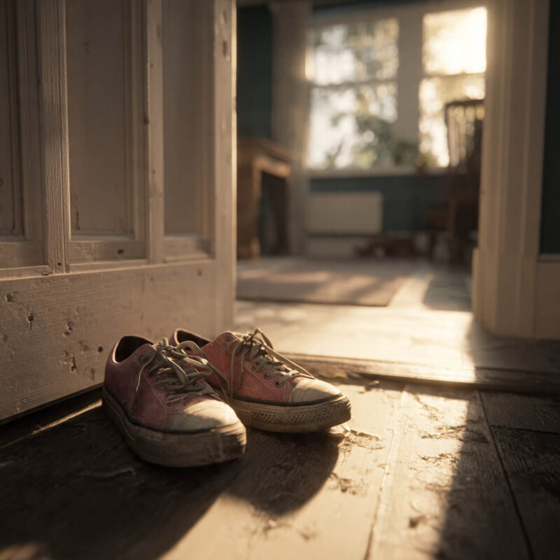Worn trainers by an open front door with evening light a visual reminder to beat decision fatigue by moving before your brain negotiates
