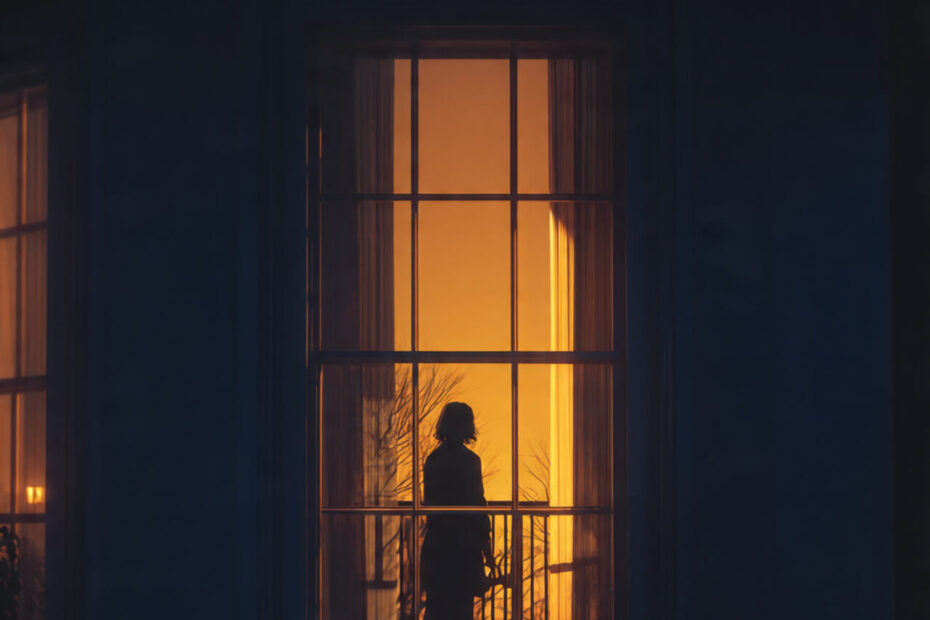 Woman standing at window at dusk contemplating change - representing the difference between laziness and burnout caused by old identity wiring