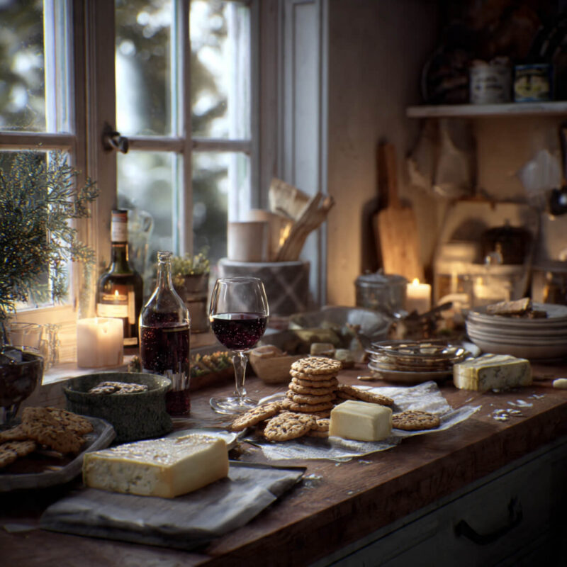 Woman's festive December kitchen with wine, cheese, and Christmas biscuits showing realistic holiday eating without guilt or shame no yo-yo dieting