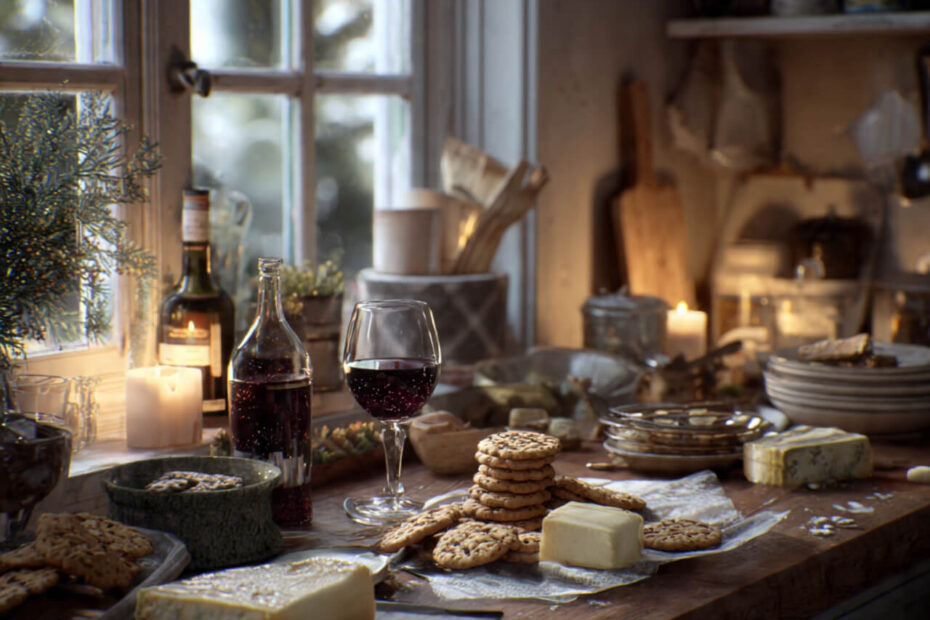 Woman's festive December kitchen with wine, cheese, and Christmas biscuits showing realistic holiday eating without guilt or shame