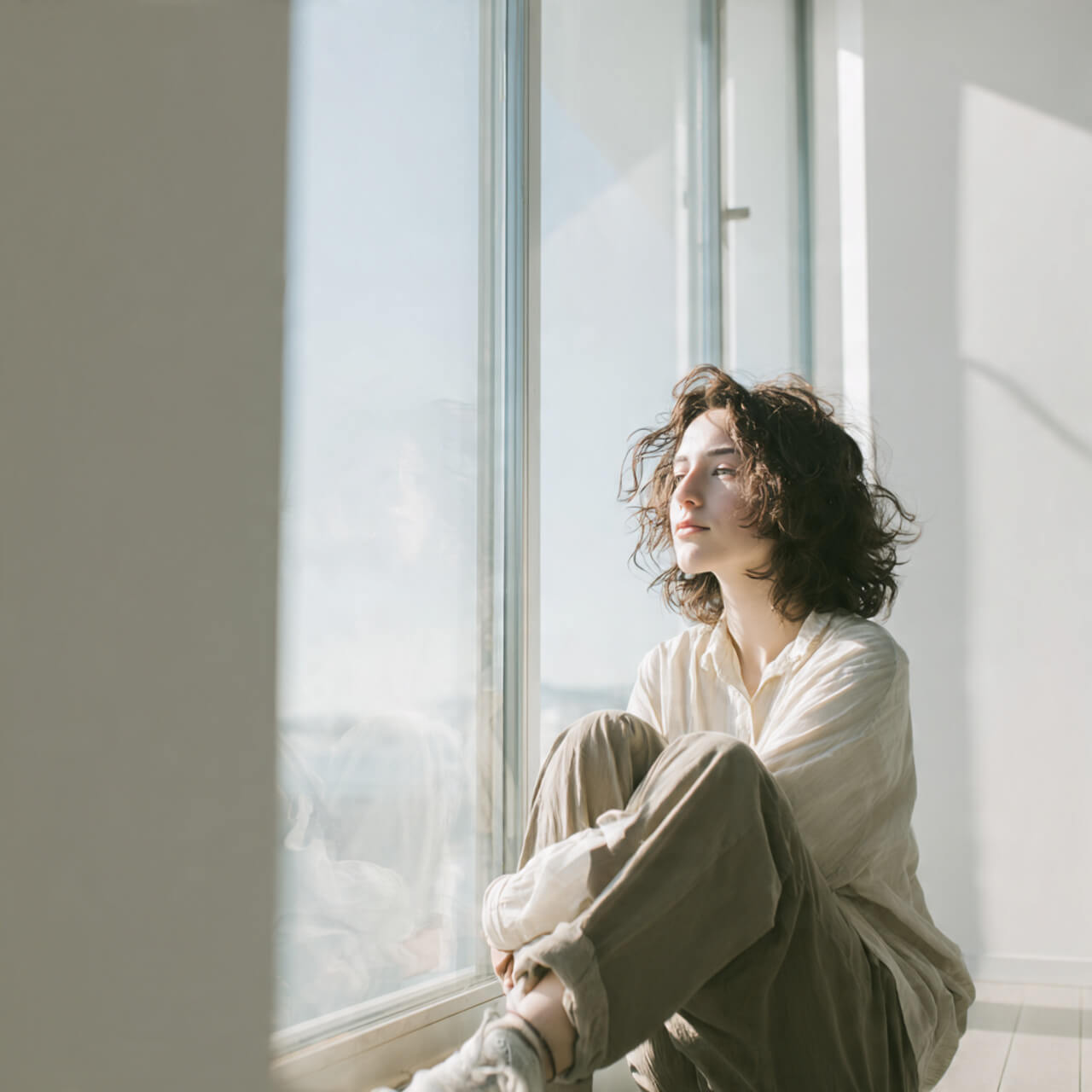 Person sitting peacefully by window in bright daylight - how to let go of the past and find peace in the present