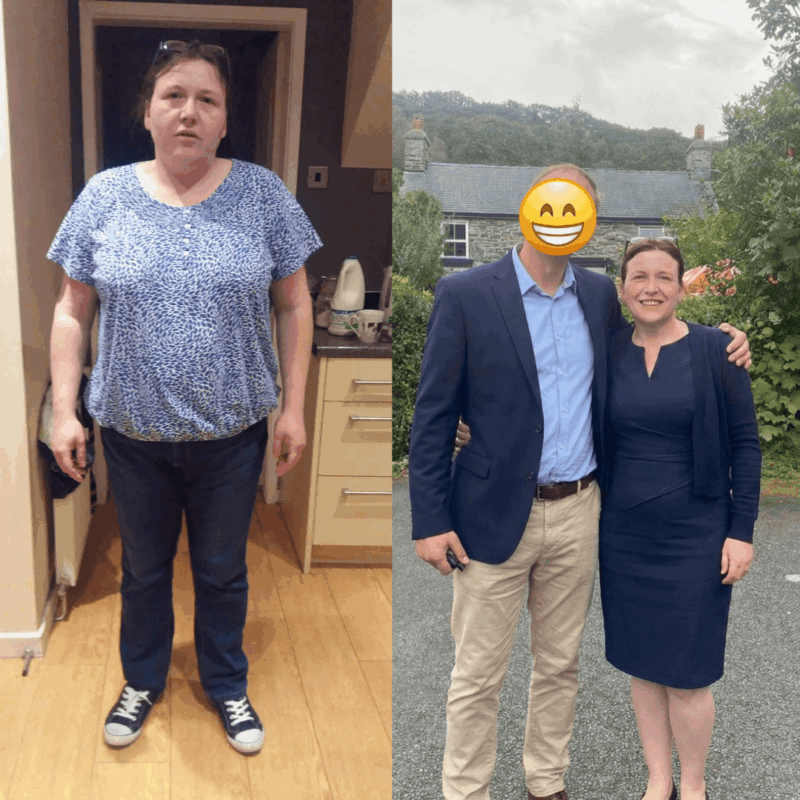 Kel's 4.5 stone weight loss transformation over 2 years showing sustainable change through intermittent fasting and walking