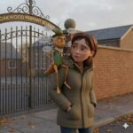 Parent experiencing school gate anxiety with inner critic whispering self-doubt at school pickup