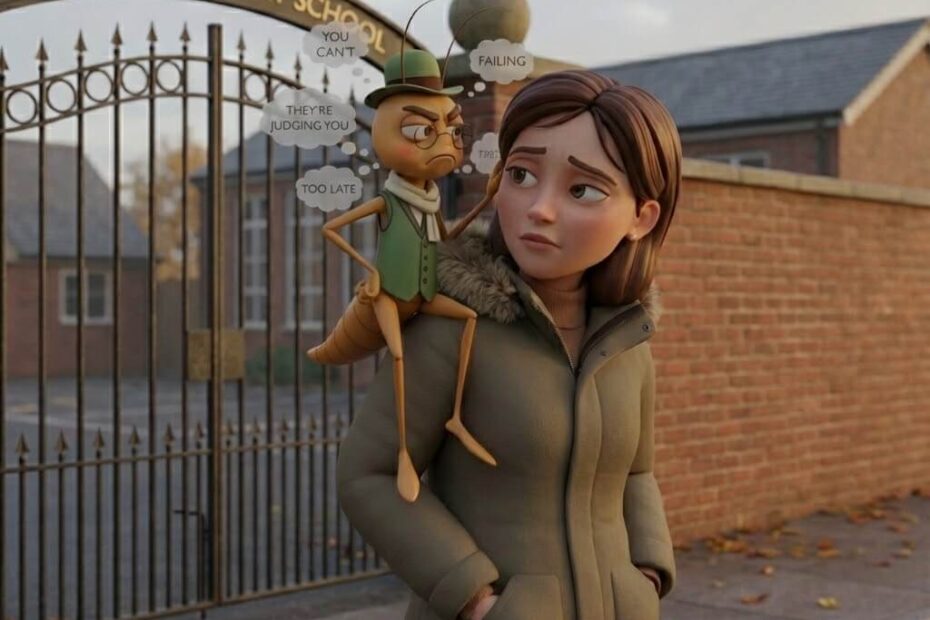 Parent experiencing school gate anxiety with inner critic whispering self-doubt at school pickup