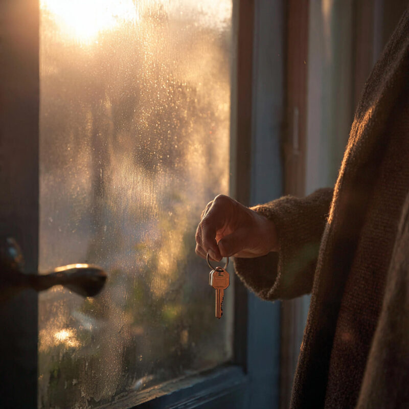 Person in coat holding keys, standing at closed front door, hesitating before taking the first step to change their life and stop living on autopilot