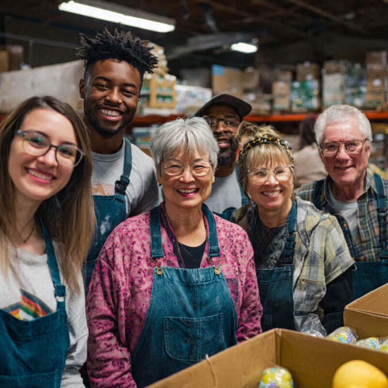 Group of diverse volunteers packing food boxes at a community centre, practising Dana to ease loneliness and build real connection