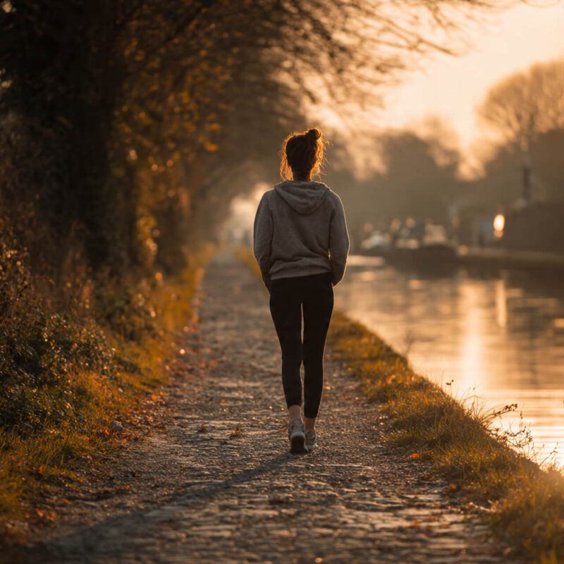 Woman walking alone on canal towpath during golden hour building 10000 steps habit