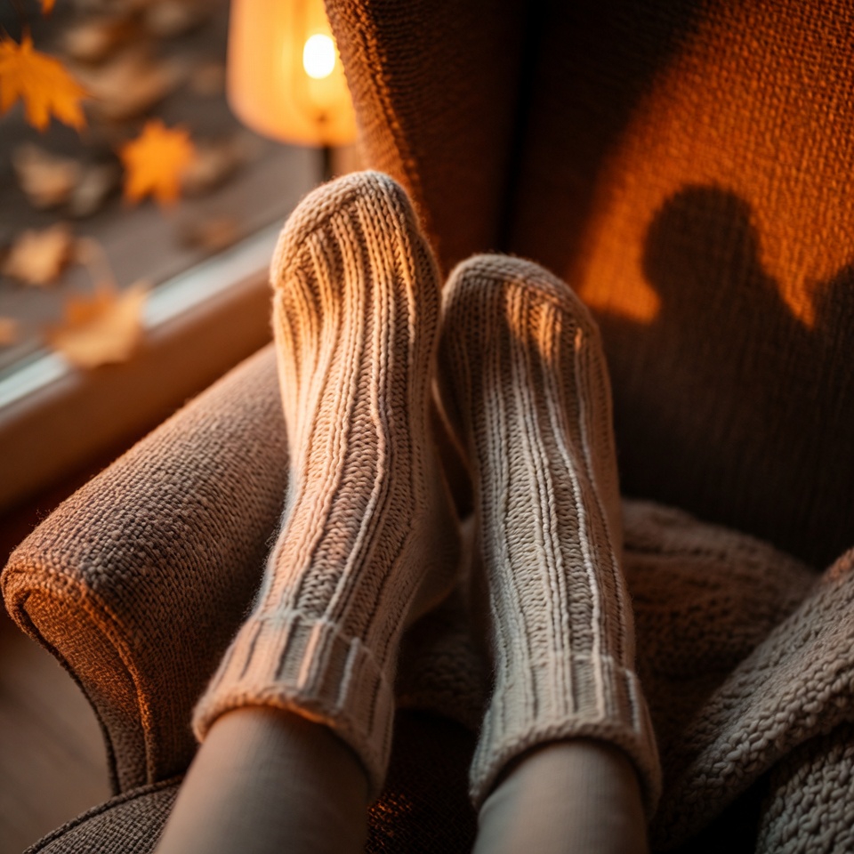 Feet in chunky cream woolen socks resting in warm cozy environment - taking a break after walking routine disruption