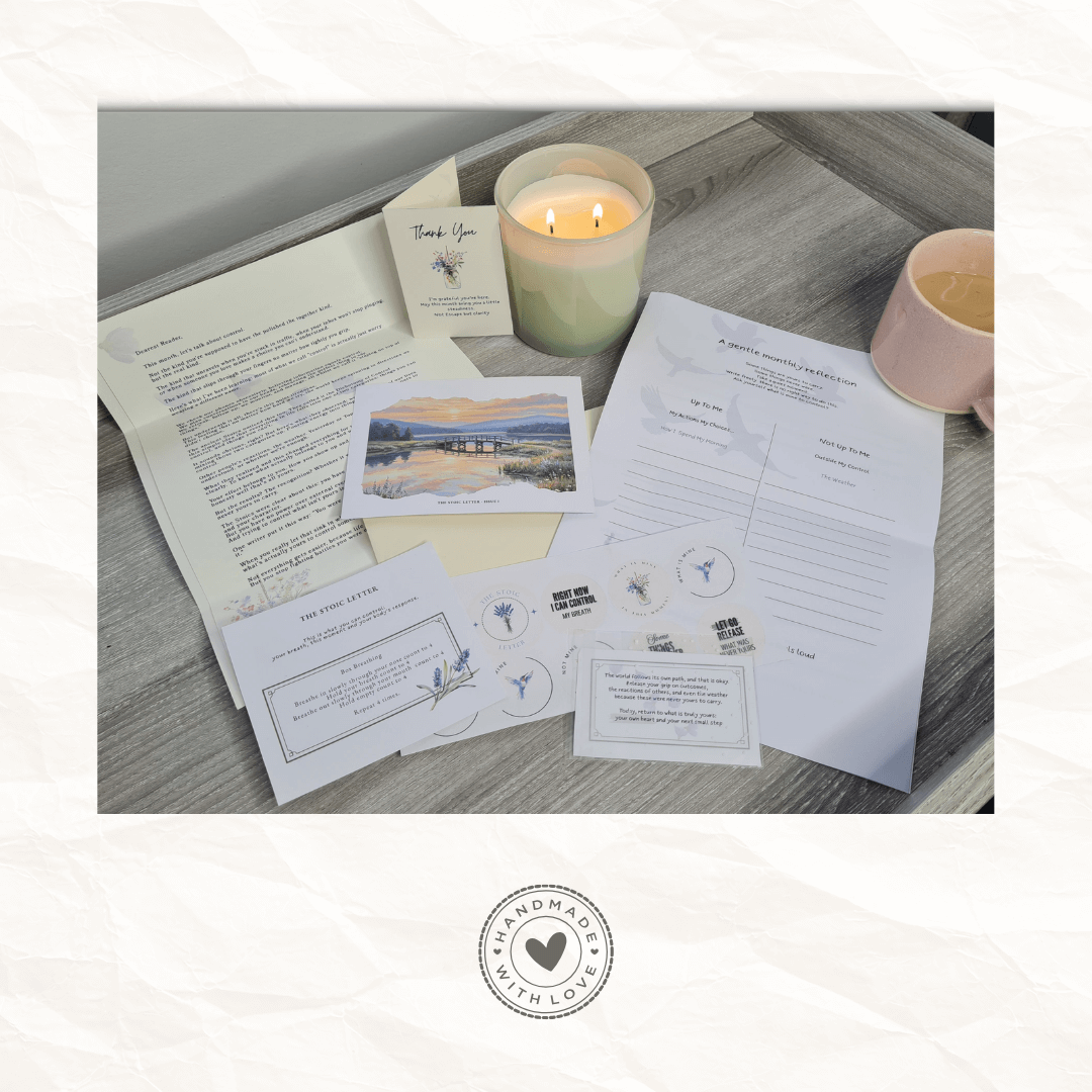 The Stoic Letter monthly subscription pack laid out on grey wood surface including handwritten letter, collectible postcard with sunset bridge artwork, gentle reflection worksheet, breathing practice card, cream envelope and pocket tools alongside a lit candle and pink mug of tea