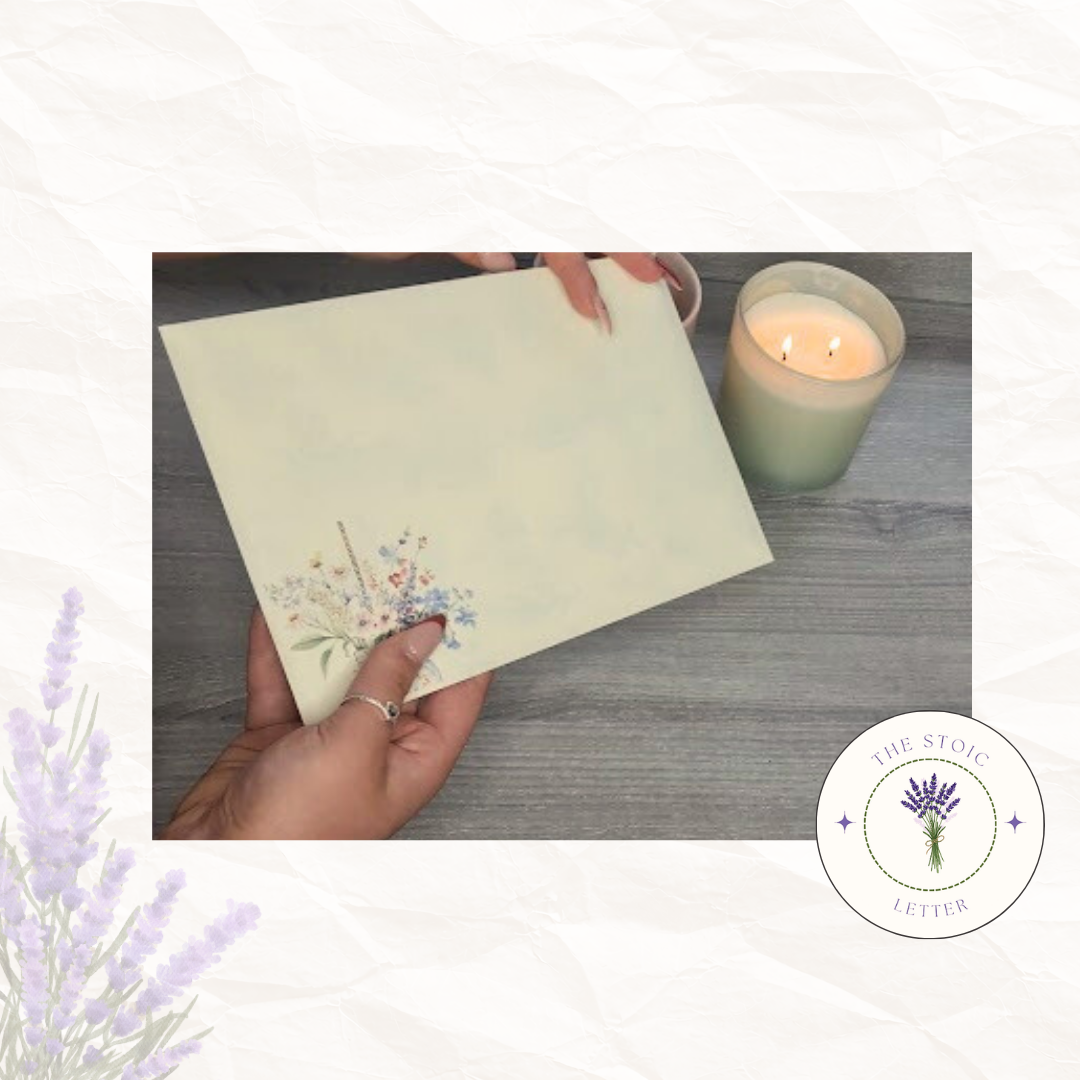 Hand holding The Stoic Letter cream envelope with wildflower design alongside lit candle on grey wood surface