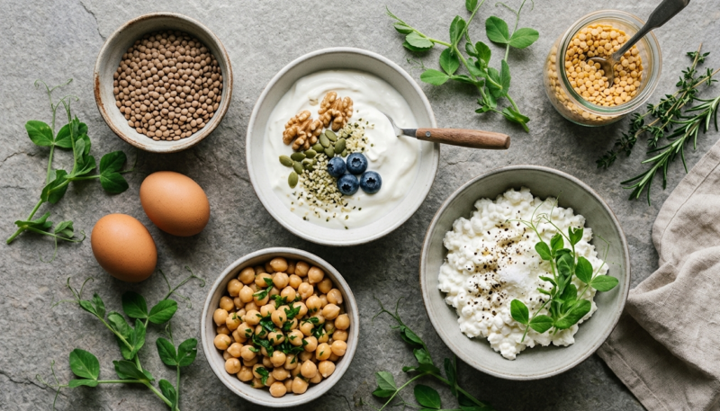 Protein-rich whole foods including cottage cheese, Greek yogurt, chickpeas, lentils, eggs and pea shoots arranged in bowls on a stone surface