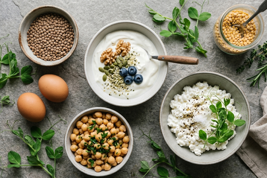 Protein-rich whole foods including cottage cheese, Greek yogurt, chickpeas, lentils, eggs and pea shoots arranged in bowls on a stone surface
