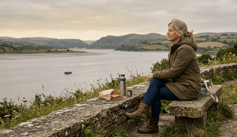 Woman in her 40s sitting on a stone bench overlooking a lake with a sandwich and flask, practising mindful eating outdoors in the UK countryside