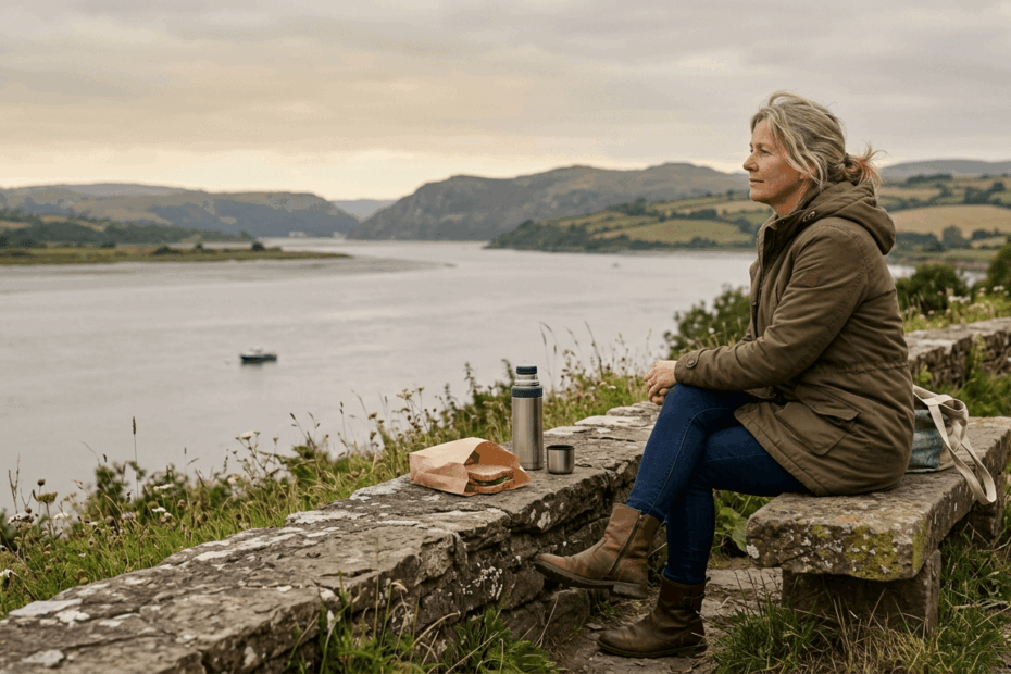 Woman in her 40s sitting on a stone bench overlooking a lake with a sandwich and flask, practising mindful eating outdoors in the UK countryside